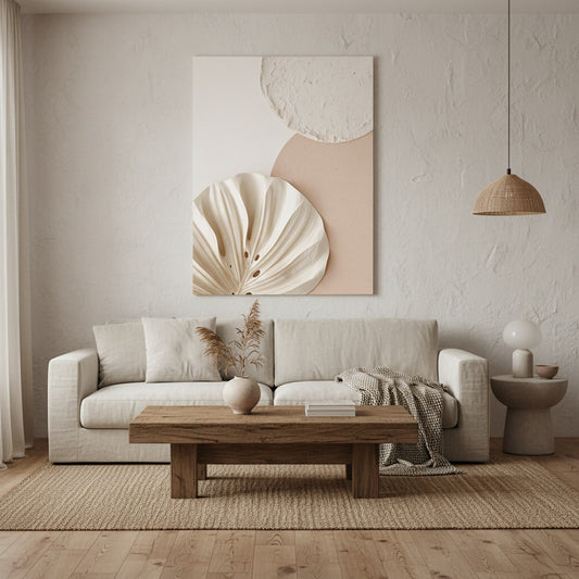 Modern living room with a beige sofa, wooden coffee table, and abstract wall art.