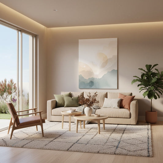 Lifestyle image with modern Mediterranean landscape canvas with soft gradients and sun-drenched limestone textures.