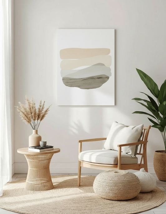 Modern living room with wooden chair, side table, and abstract art on the wall.