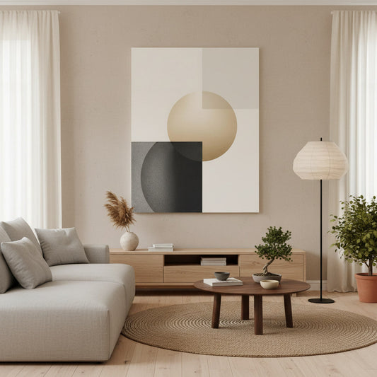 Lifestyle image with geometric Japandi wall art with tonal circles and dark accents for mental clarity and focus.