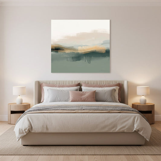 Modern bedroom with a bed, nightstands, and abstract wall art.