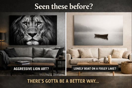 Wall arts showing a lion and Boat on a foggy lake