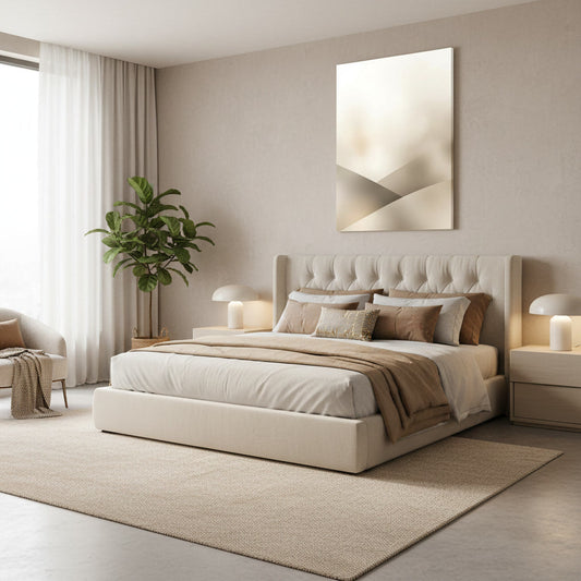 A bedroom featuring a big wall art canvas