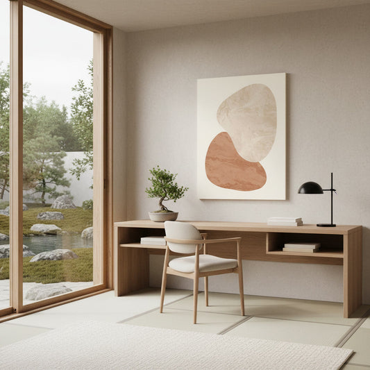 Home office desk with a wall art canvas