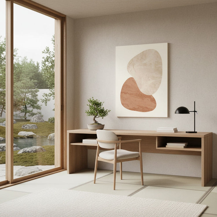 Japandi style living room with a big wall art canvas