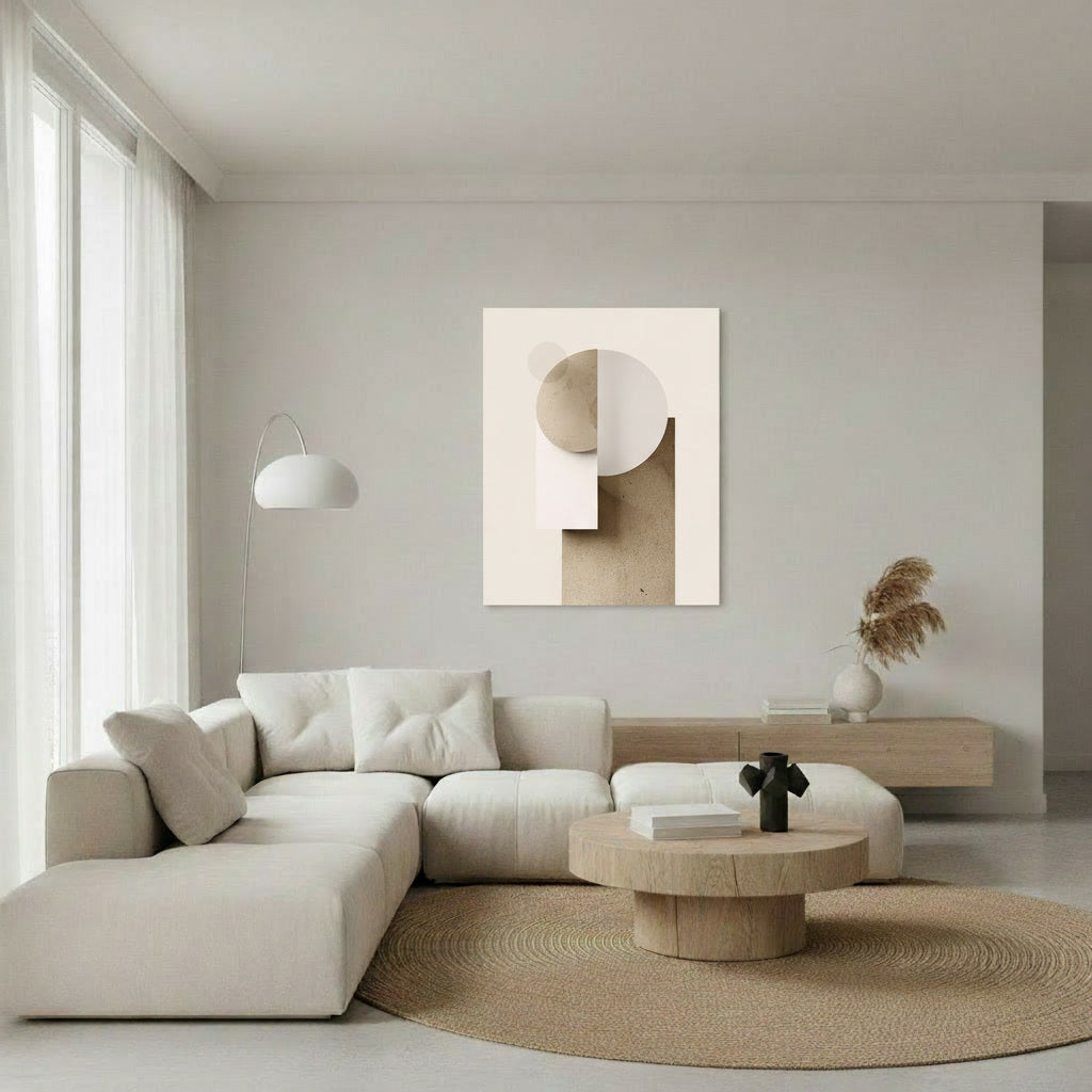 Lifestyle image with modern organic arch canvas art featuring clean lines and neutral tones for a balanced home office.