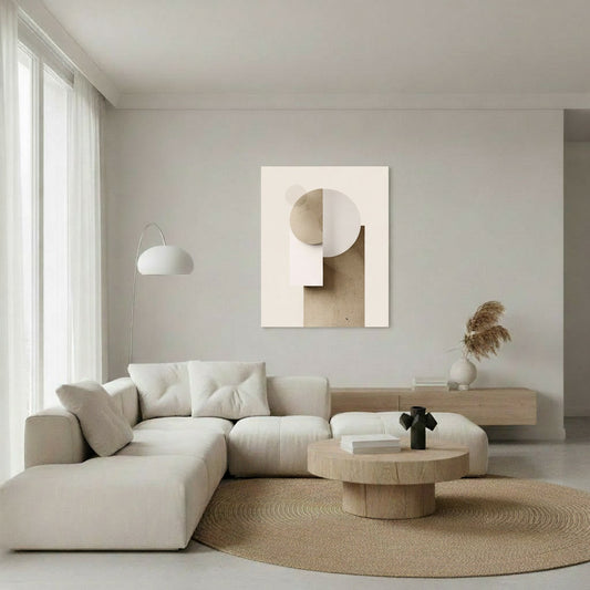 Lifestyle image with modern organic arch canvas art featuring clean lines and neutral tones for a balanced home office.