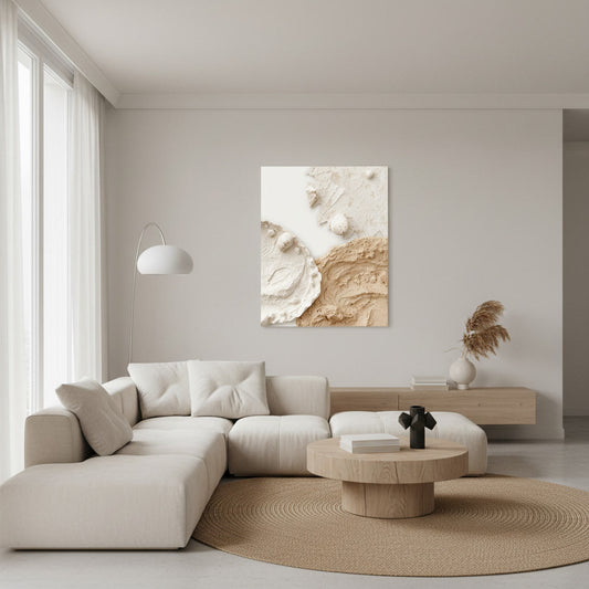 Lifestyle image with architectural geometric abstract art with soft shadows on a high-quality Japandi canvas.