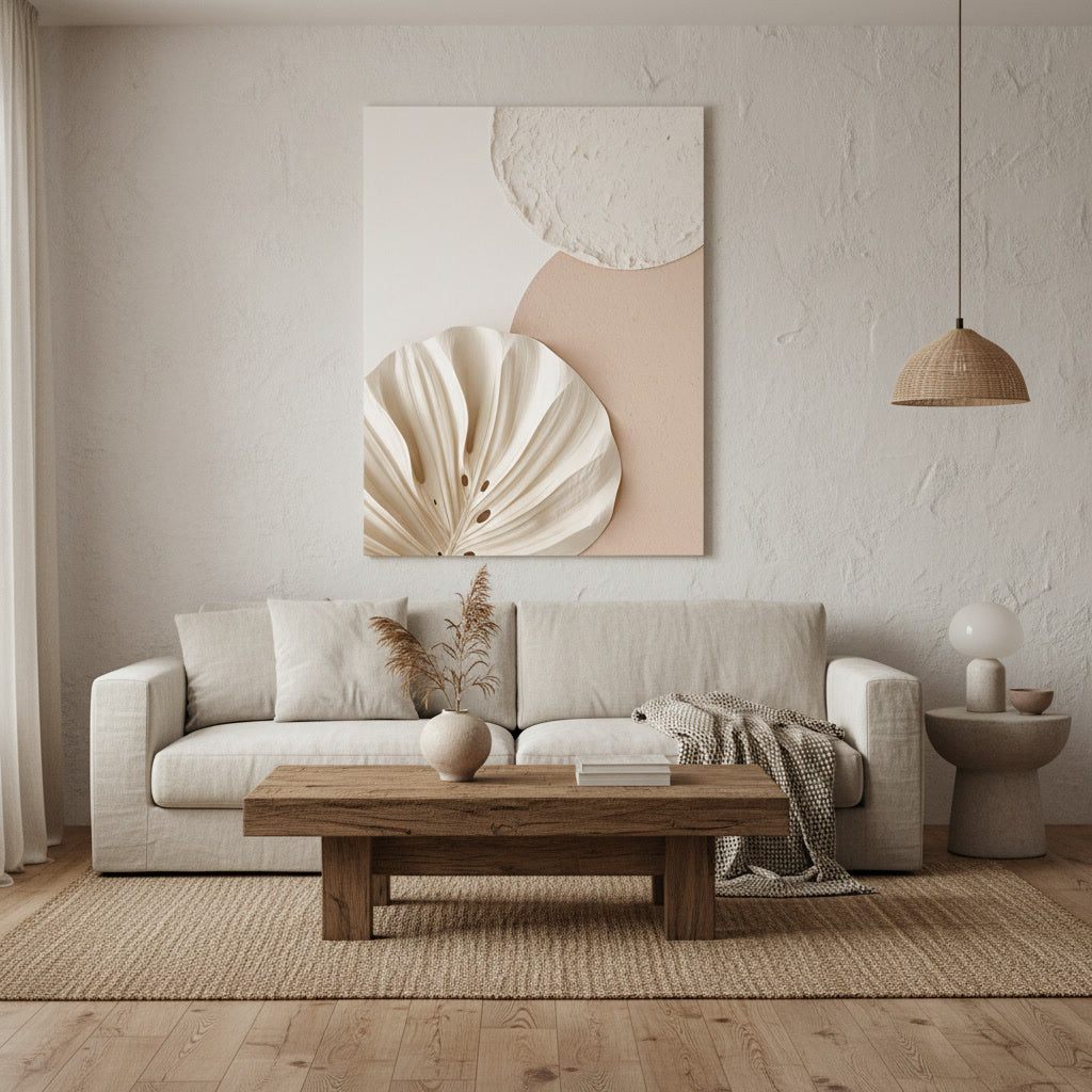 Modern living room with a beige sofa, wooden coffee table, and abstract wall art.