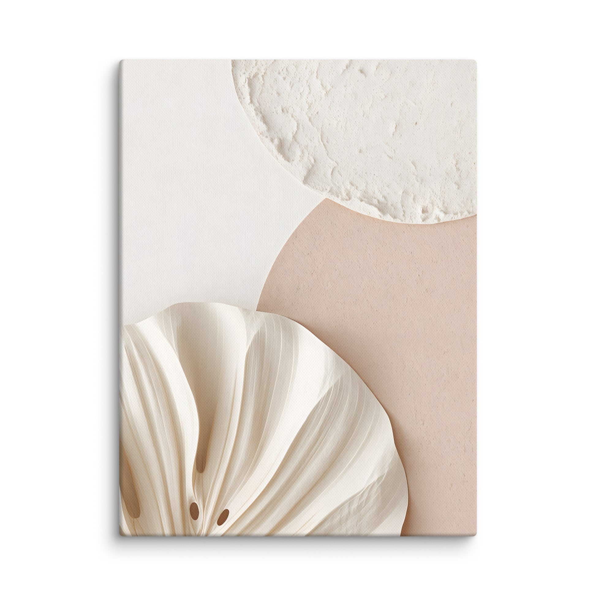 Close-up of sculptural, plaster-like texture on a Wabi-Sabi abstract canvas in bone and off-white tones.