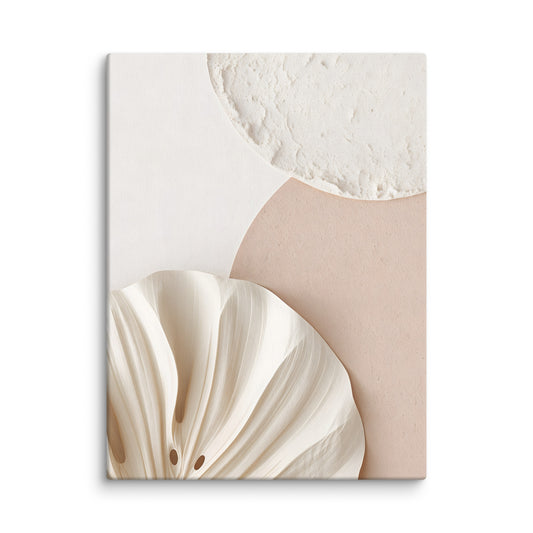 Close-up of sculptural, plaster-like texture on a Wabi-Sabi abstract canvas in bone and off-white tones.