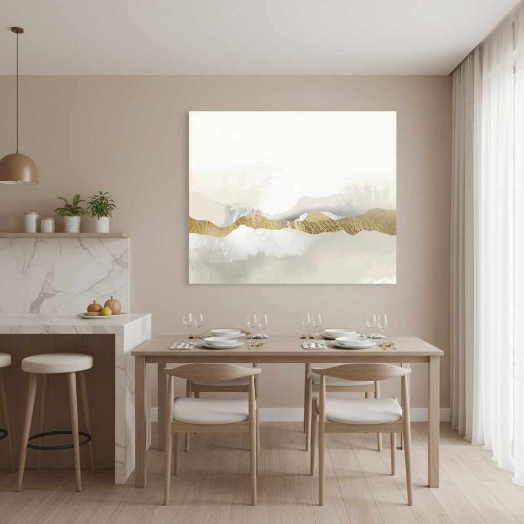 Dining room with a table set for four, chairs, and a large abstract painting on the wall.
