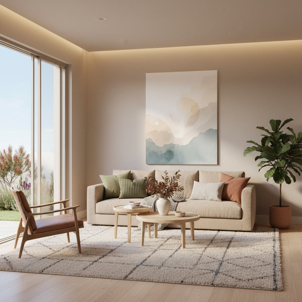 Lifestyle image with modern Mediterranean landscape canvas with soft gradients and sun-drenched limestone textures.