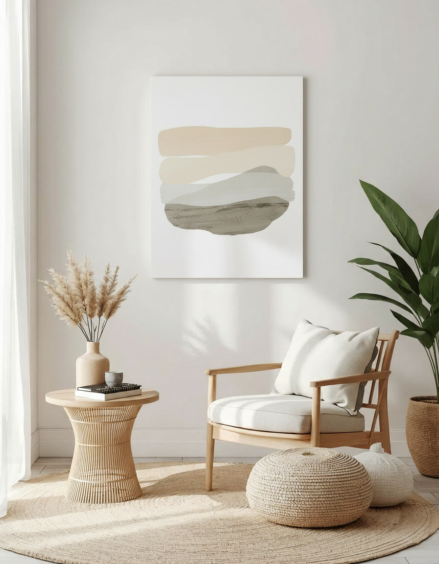 Modern living room with wooden chair, side table, and abstract art on the wall.