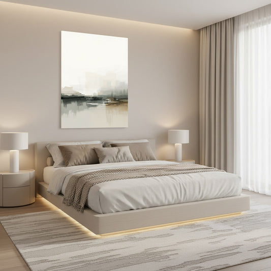 Modern bedroom with a bed, lamps, and artwork on the wall.