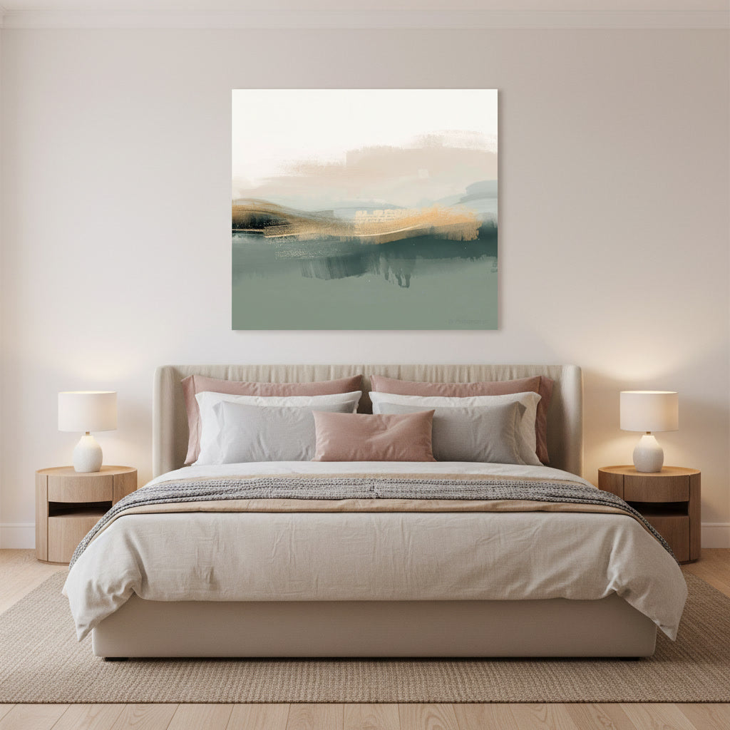 Modern bedroom with a bed, nightstands, and abstract wall art.