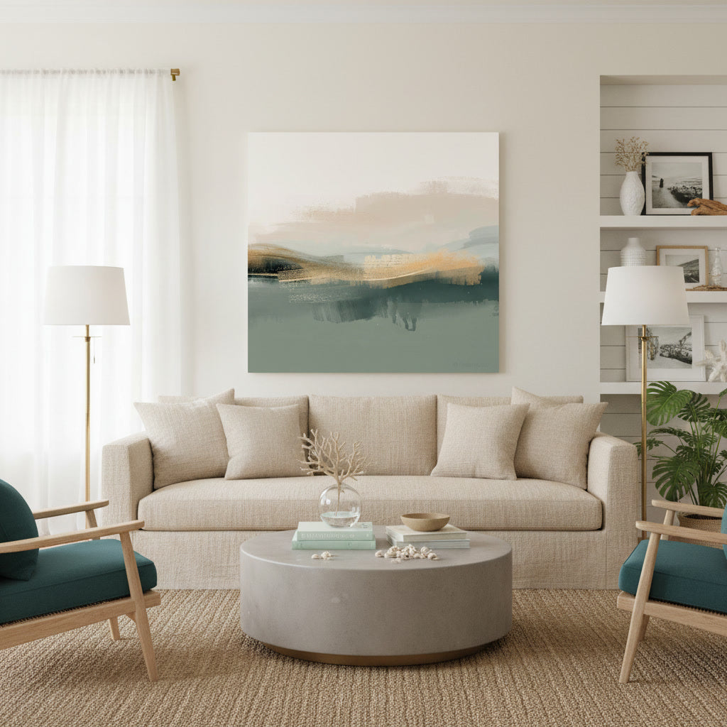 Lifestyle image with soft coastal abstract landscape canvas with muted blue and sand tones for a calming atmosphere. 