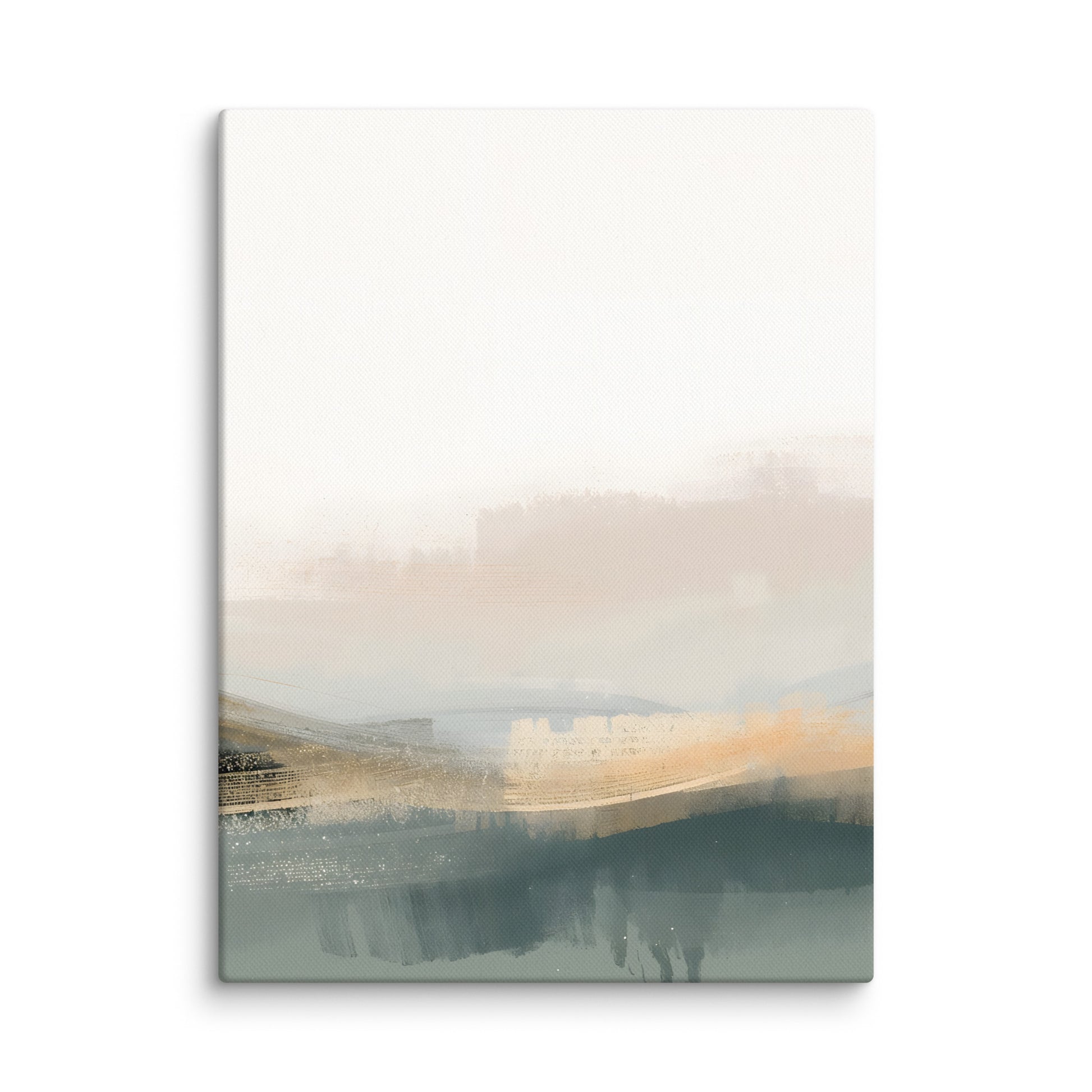 Soft coastal abstract landscape canvas with muted blue and sand tones for a calming atmosphere. 