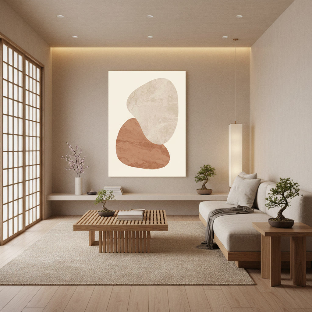 Lifestyle image with Zen-inspired minimalist abstracts with soft organic forms and symmetrical balance.