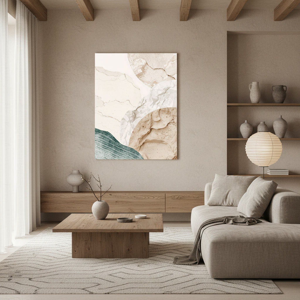 Lifestyle image with minimalist organic shapes on a textured canvas celebrating handcrafted imperfection and Wabi-Sabi design.