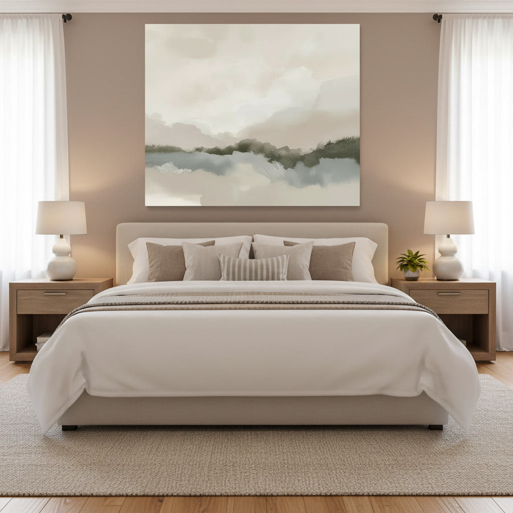 Neatly made bed with decorative pillows in a bedroom setting with wall art and lamps.